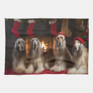 Afghan Hound by the Fireplace Christmas Tea Towel