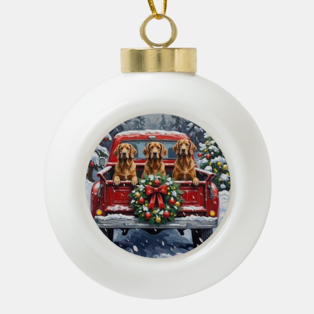 Afghan Hound Christmas Red Truck Holiday Ceramic Ball Christmas Ornament (Front)