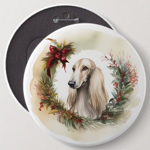 Afghan Hound Christmas Wreath Festive Pup 6 Cm Round Badge