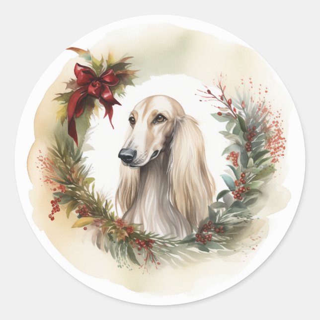 Afghan Hound Christmas Wreath Festive Pup  Classic Round Sticker (Front)