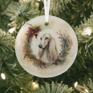 Afghan Hound Christmas Wreath Festive Pup Glass Tree Decoration