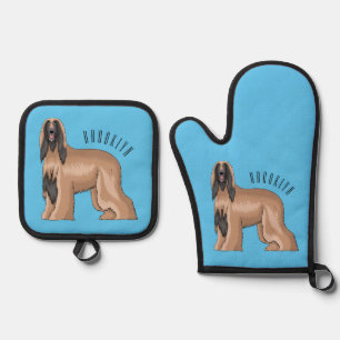 Afghan hound dog cartoon illustration oven mitt & pot holder set