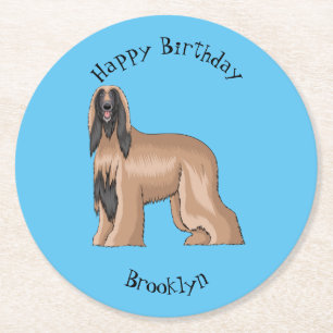 Afghan hound dog cartoon illustration round paper coaster