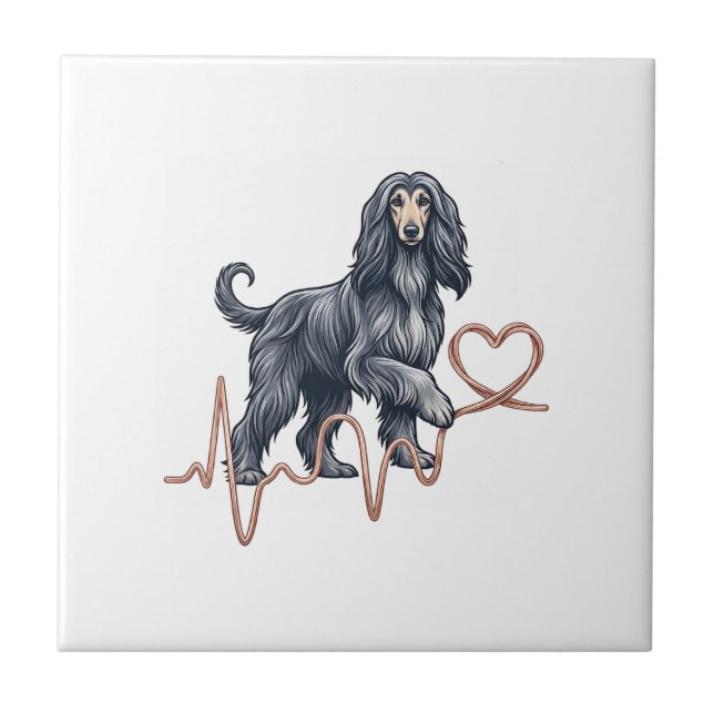 Afghan Hound Dog Heartbeat Line Heart Ceramic Tile (Front)