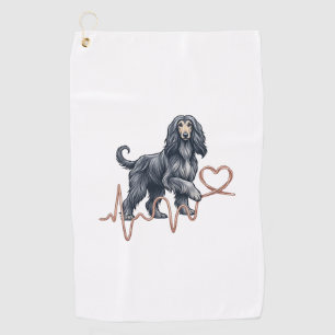 Afghan Hound Dog Heartbeat Line Heart Golf Towel