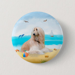 Afghan Hound Dog on Beach 6 Cm Round Badge