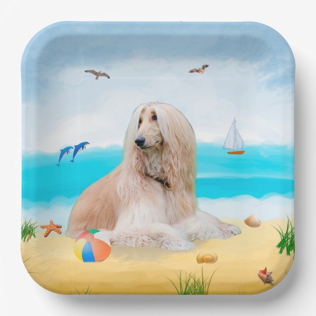 Afghan Hound Dog on Beach Paper Plate (Front)