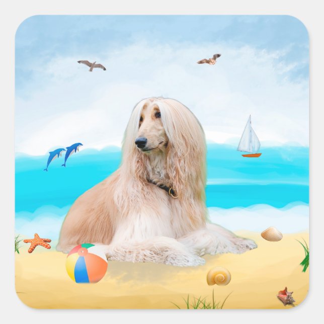Afghan Hound Dog on Beach Square Sticker (Front)
