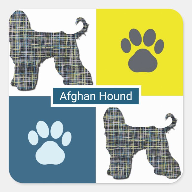 Afghan Hound Dog & Paw Y&B Grid Square Sticker (Front)