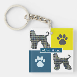 Afghan Hound Dog & Paw Yellow & Blue Grid Key Ring