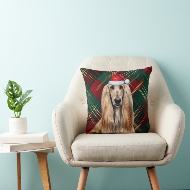 Afghan Hound Dog Red Plaid Christmas Holiday Cushion (Chair)