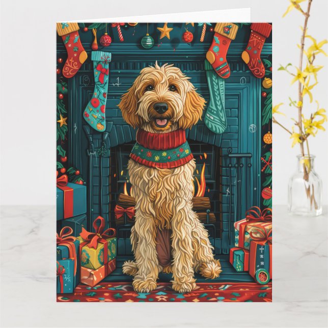 Afghan Hound Dog With Christmas Gifts Fireplace Card (Yellow Flower)