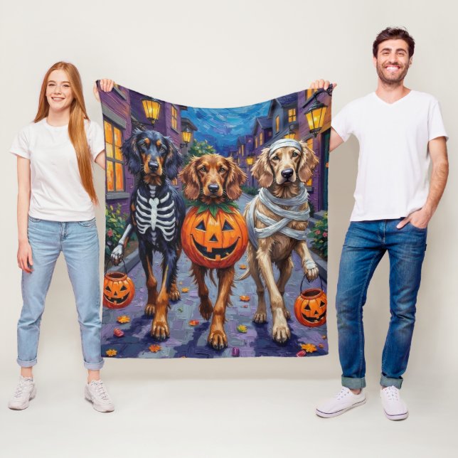 Afghan Hound Dogs Trick-or-Treating in Halloween Fleece Blanket (In Situ)