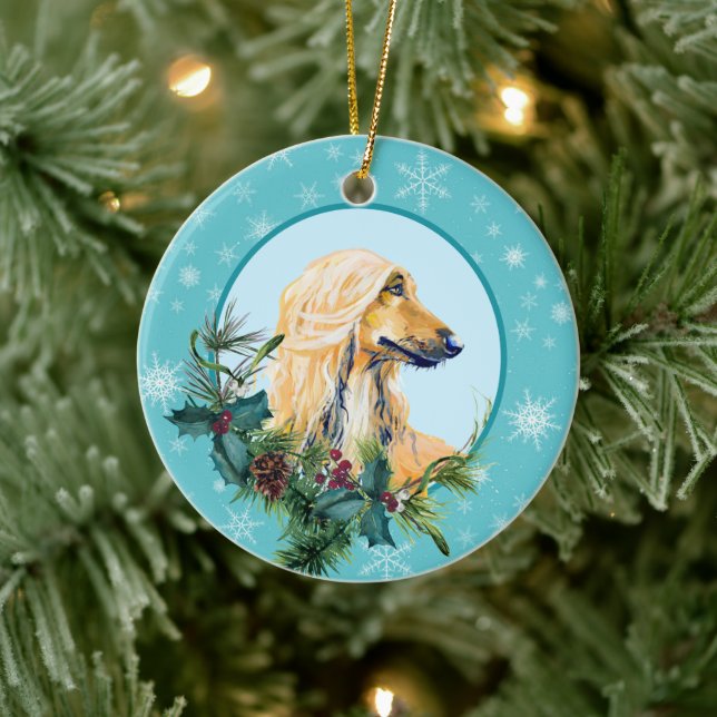 Afghan Hound Evergreen Blue Snowflake Border Ceramic Ornament (Tree)