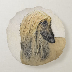 Afghan Hound Painting - Cute Original Dog Art Round Cushion