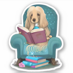 Afghan hound reading a book
