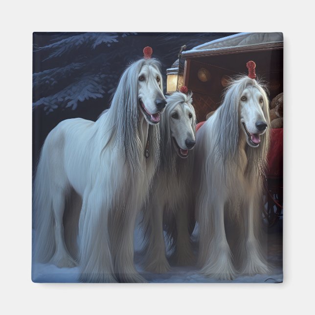 Afghan Hound Snowy Sleigh Ride Christmas Decor Magnet (Front)