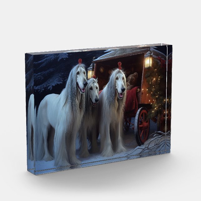Afghan Hound Snowy Sleigh Ride Christmas Decor Photo Block (Left)