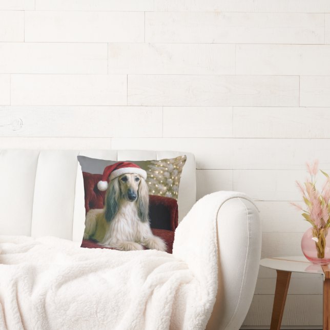 Afghan Hound Wearing a Santa Claus Hat Cushion (Couch)