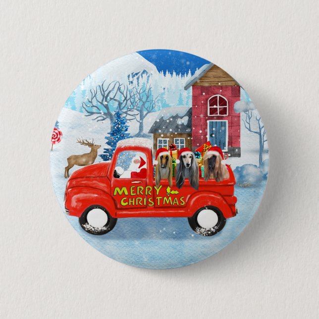 Afghan Hounds Dog in Christmas Delivery Truck Snow 6 Cm Round Badge (Front)