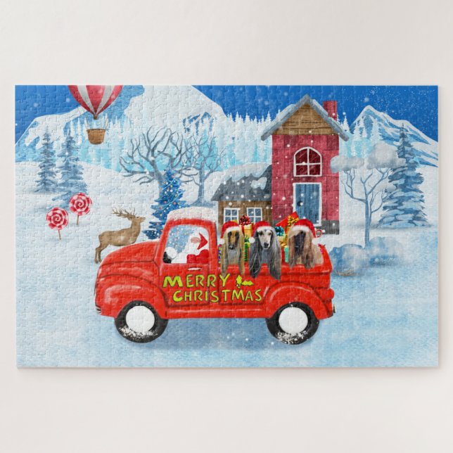 Afghan Hounds Dog in Christmas Delivery Truck Snow Jigsaw Puzzle (Horizontal)