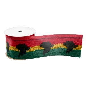 Africa Map Black Red Gold Green Crochet Print on Satin Ribbon