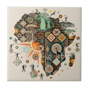 Africa Map Decorative Tribal Elements Pattern Ceramic Tile