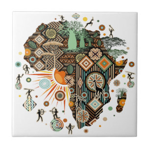Africa Map Decorative Tribal Elements Pattern Ceramic Tile