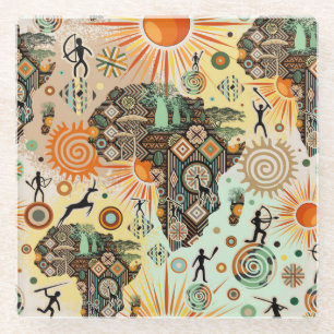 Africa Map Decorative Tribal Elements Pattern Glass Coaster