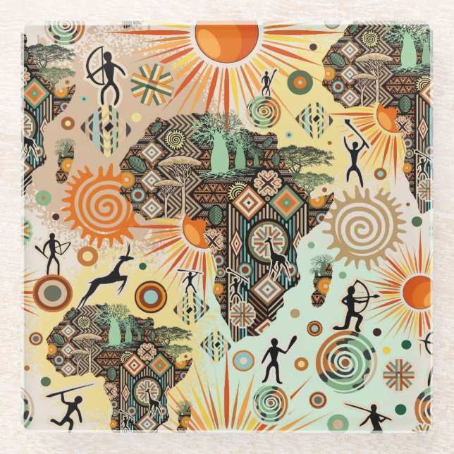 Africa Map Decorative Tribal Elements Pattern Glass Coaster (Front)