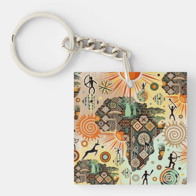 Africa Map Decorative Tribal Elements Pattern Key Ring (Front)