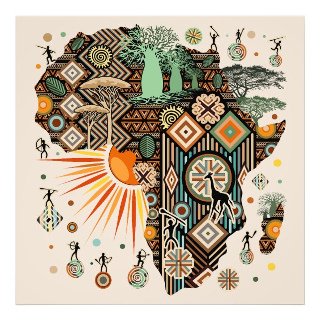 Africa Map Decorative Tribal Elements Pattern Photo Print (Front)