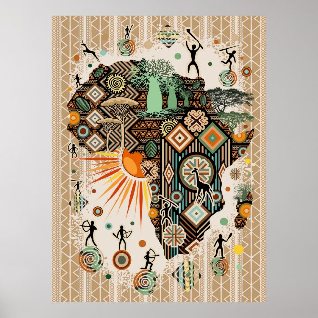 Africa Map Decorative Tribal Elements Pattern Poster (Front)