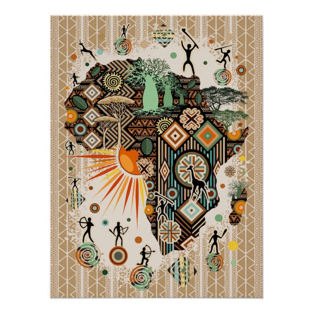 Africa Map Decorative Tribal Elements Pattern Poster (Front)