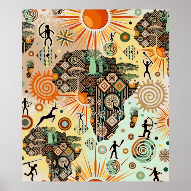 Africa Map Decorative Tribal Elements Pattern Poster (Front)