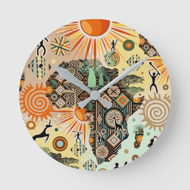 Africa Map Decorative Tribal Elements Pattern Round Clock (Front)