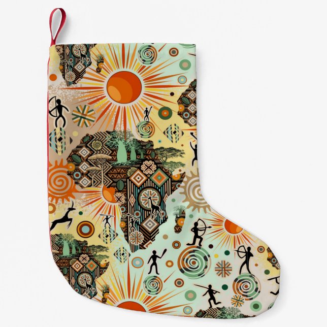 Africa Map Decorative Tribal Elements Pattern Small Christmas Stocking (Front)
