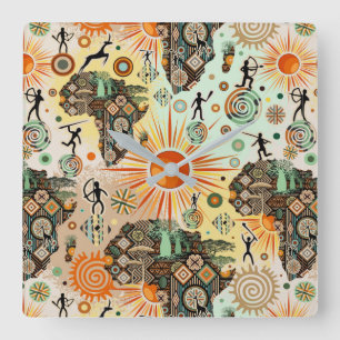 Africa Map Decorative Tribal Elements Pattern Square Wall Clock