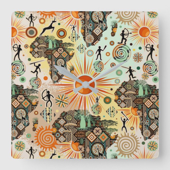 Africa Map Decorative Tribal Elements Pattern Square Wall Clock (Front)