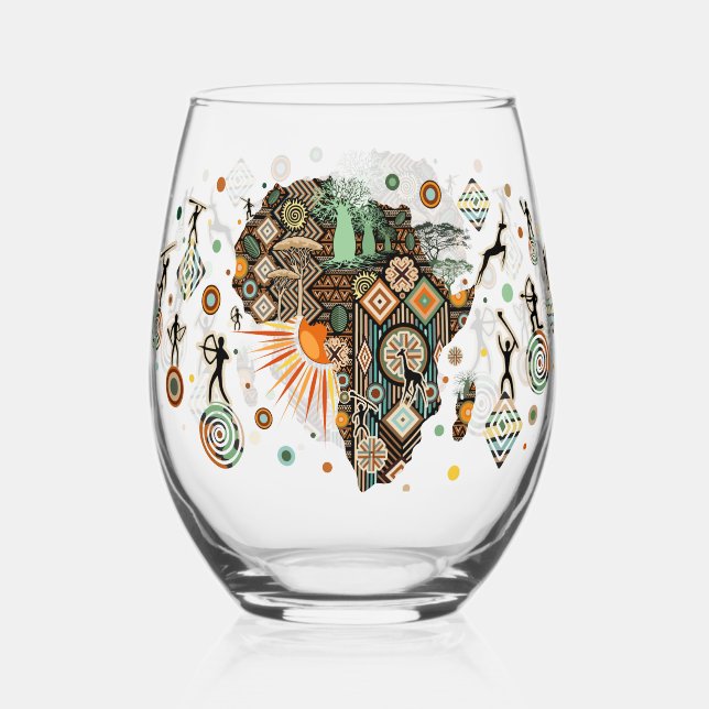 Africa Map Decorative Tribal Elements Pattern Stemless Wine Glass (Front)