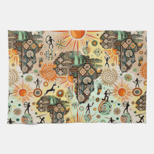 Africa Map Decorative Tribal Elements Pattern Tea Towel