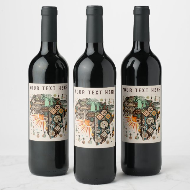 Africa Map Decorative Tribal Elements Pattern Wine Label (Bottles)