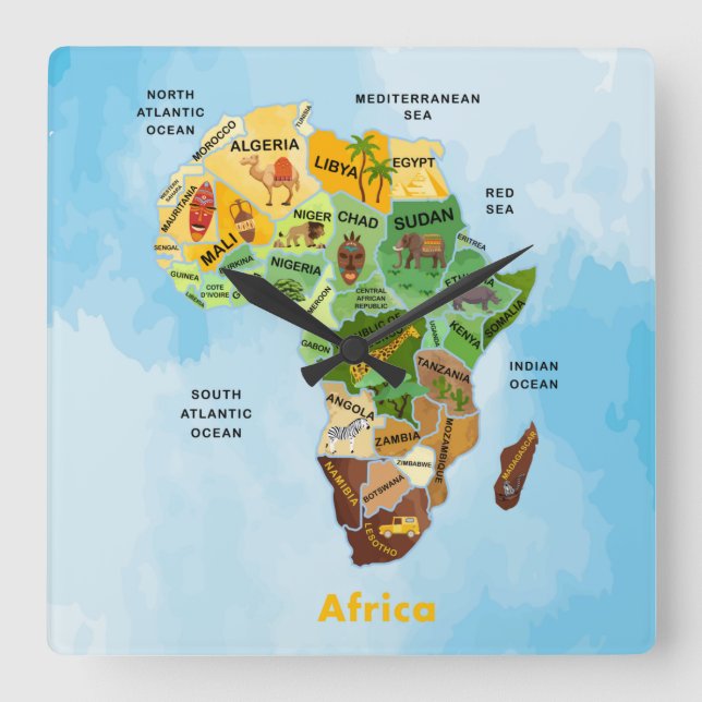 Africa Map Square Wall Clock (Front)