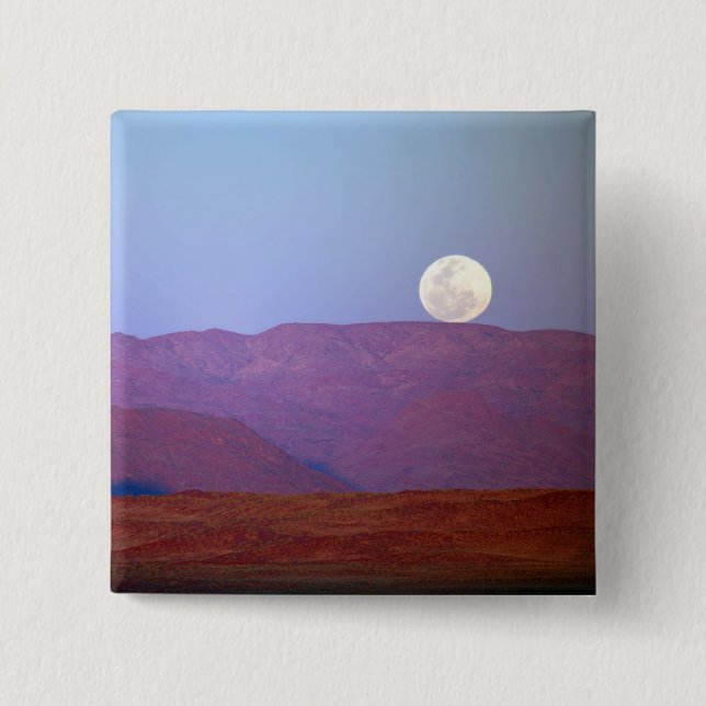 Africa, Namibia, Sossusvlei. A full moon rests 15 Cm Square Badge (Front)
