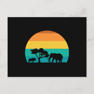 Africa Sunset With Elephant And Gnu Retro Postcard