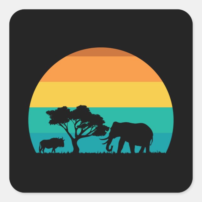 Africa Sunset With Elephant And Gnu Retro Square Sticker (Front)