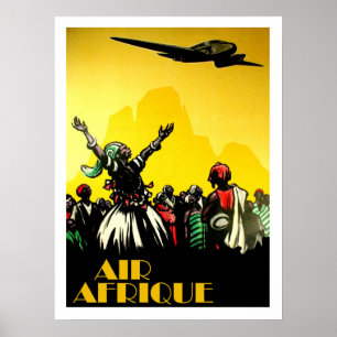 Africa, tribe greeting aeroplane, vintage travel poster