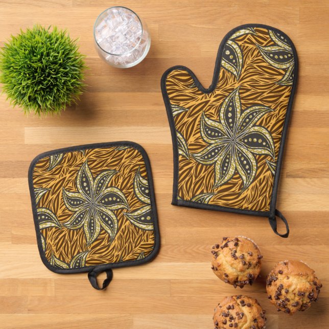 African Abstract Floral Batik Style Oven Mitt & Pot Holder Set (Top Down)