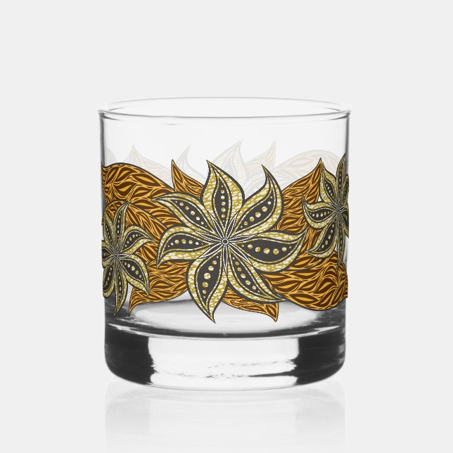 African Abstract Floral Batik Style Whiskey Glass (Front)