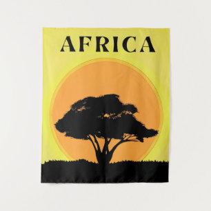 African Acacia Tree Against an Orange Sunset Tapestry